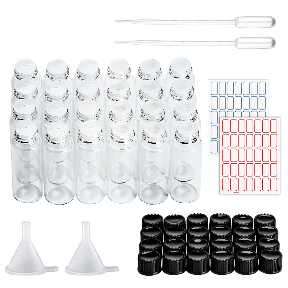 LUCKNIGHT 24PCS 5ml Small Sample Glass Vials - Empty Bottle With Orifice Reducer, Clear Transparent Essential Oil Bottles
