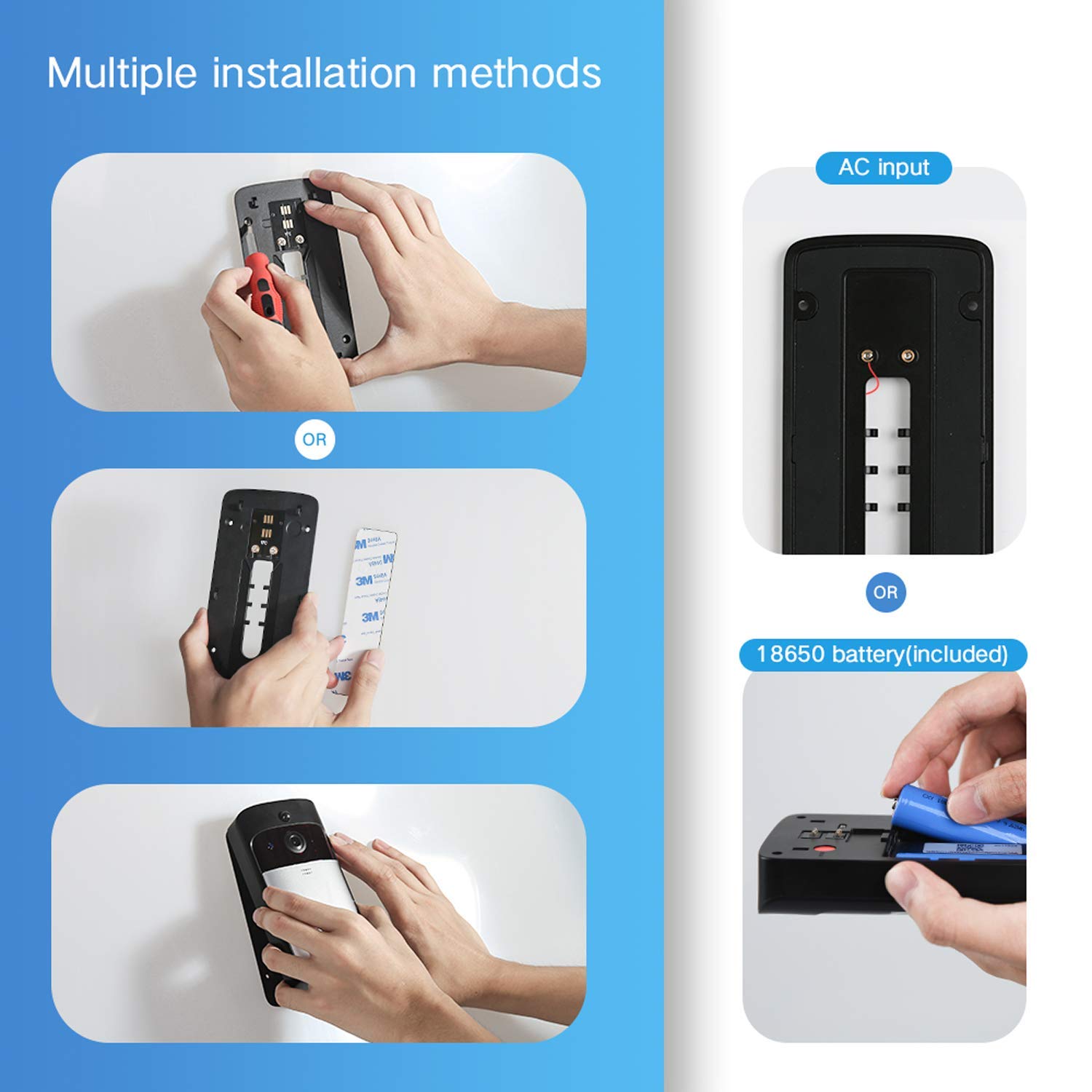 WiFi Video Doorbell with LED Ring HD Battery or AC Power PIR Detection Two-Way Audio Talk Notification/Alert on Phone Motion Detect Recording on SD Card or Cloud