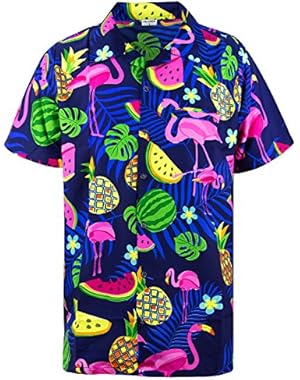 Funky Hawaiian Shirt Men Shortsleeve Frontpocket Hawaiian-Print Melon Flamingo Fruits