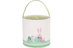 LessMo Easter Bunny Basket Egg Buckets, Green Cute Personalized Canvas Cotton Tote Bags Egg Hunt Basket for Easter Party Gifts