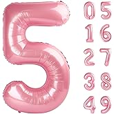 Pearlescent Pink 40 Inch Large Number 5 Birthday Balloon, Five 5th 15 25 35 50 55 Birthday Celebration Decorations, Foil 5 Mylar Helium Number 5 Balloons Girl Boy Anniversary Party Supplies