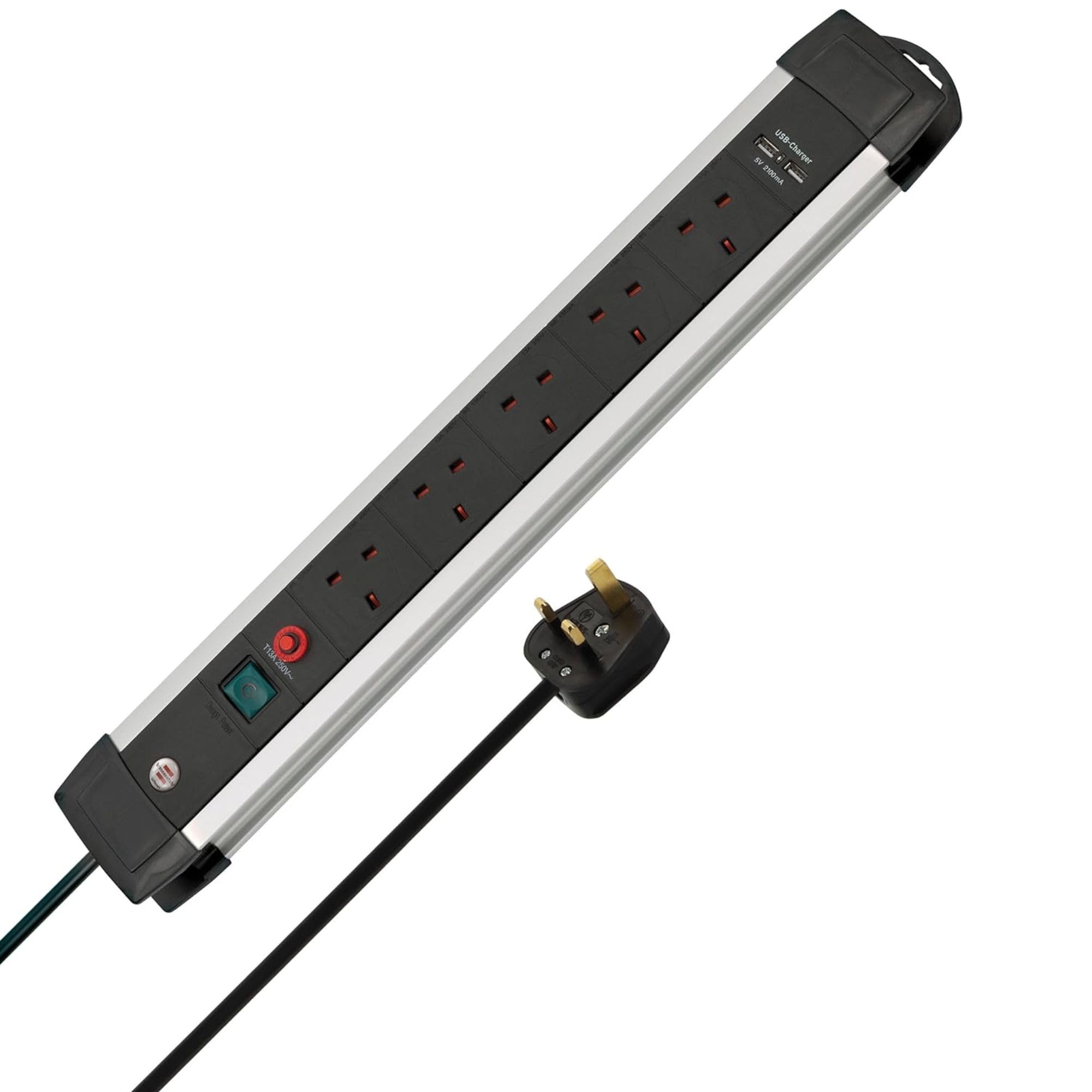 Brennenstuhl Premium-Alu-Line FB, 5-way extension lead with 2 USB charging ports (with switch, 3m cable and aluminium housing, with Safety Fuse Button, Made in Germany) black