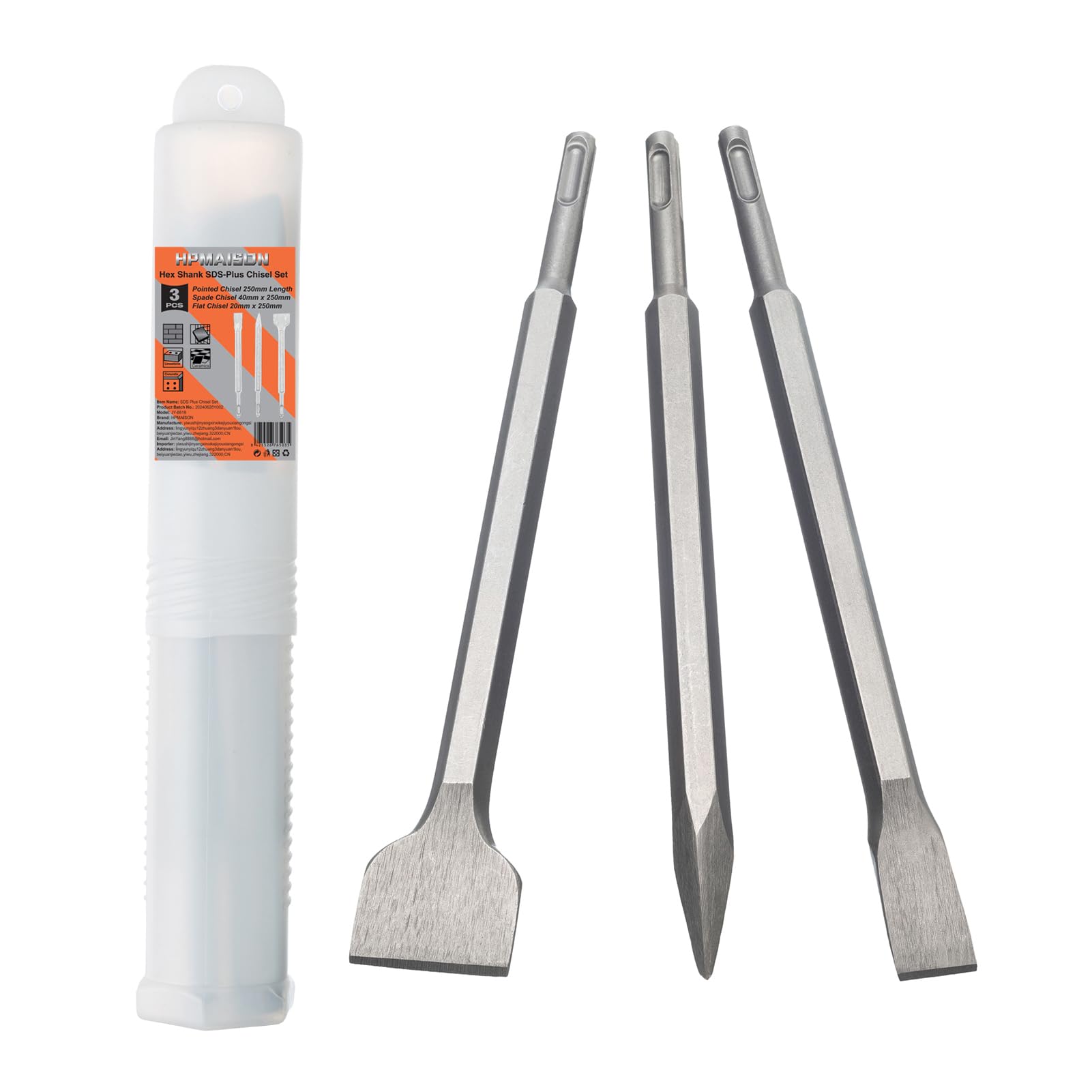 HPMAISON SDS-Plus Chisel Set, 3 PCS SDS-Plus Tool Holder, Hex Shank Spade, Flat & Point Chisels for Masonry, Granite, Universally with Storage Box