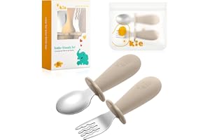 Qkie Toddler Utensils, Toddler Forks and Spoons, Baby Spoons Self Feeding, Stainless Steel Baby Silverware with BPA Free Silicone Easy Grip, 8 Months+