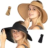 Women Sun Visors Foldable Straw Hats Summer Beach Packable Hat Floppy Wide Brim Cap Deep Style, Adjustable Size