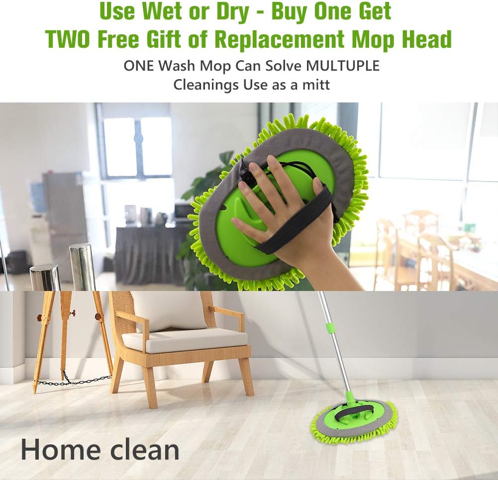 2 in 1 Chenille Microfiber Car Wash Brush Mop Mitt with 45" Aluminum Alloy Long Handle, Car Cleaning Kit Brush Duster, Not Hurt Paint Scratch Free Cleaning Tool Dust Collector Supply for Washing Truck: Automotive