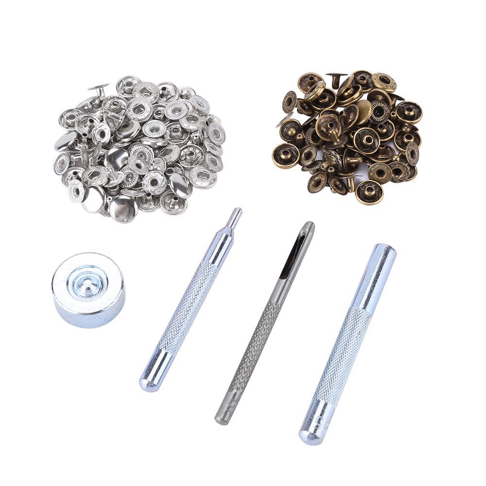 30 Set Leather Snap Fasteners Kit, 10mm Metal Button Press Studs with 4 Setter Tools for Clothes Jackets Jeans Bracelets Bags(15silver 15bronze)