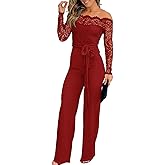 CHICME Womens Dressy Jumpsuits Casual One Piece Outfits Off Shoulder Lace Trim Overalls Straight Leg Pants