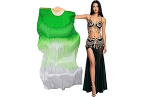 Aumulen Women 1 Piece Hand-made Real Silk Long Belly Dance Fan Veils(Right Hand Only) (Green white)