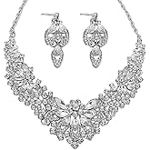 Zthread Women Jewelry Set Rhinestone Crystal Statement Necklace Bride Rib Choker Necklace Floral Beaded Collar Neklcace Cluster Dangle Earrings Set for Wedding Party