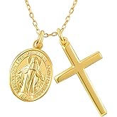 NORBU 925 Sterling Silver Cross Necklace for Women with Miraculous Medal, 18K Gold Plated Virgin Mary Necklace, Double Pendant Mother Mary Necklaces Christian Jewelry Religious Gift for Her