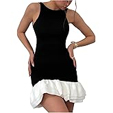 WDIRARA Women's Color Block Bodycon Mini Dress Layered Ruffle Sleeveless Tank Dresses