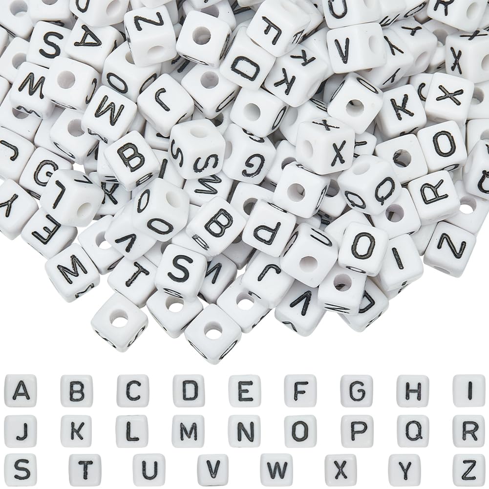 SUNNYCLUE 300Pcs 10MM Acrylic Alphabet Beads White Cube Letter Beads Large Hole Plastic Random A-Z Square Spacer Loose Bead for Jewellery Making Bracelets Necklace Earrings Crafting Valentine Decor