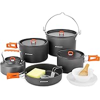 Odoland 16pcs Camping Cookware Mess Kit, Large Size Hanging Pot Pan Kettle with Base Cook Set for 4-6 People, Bowls Plates Sp
