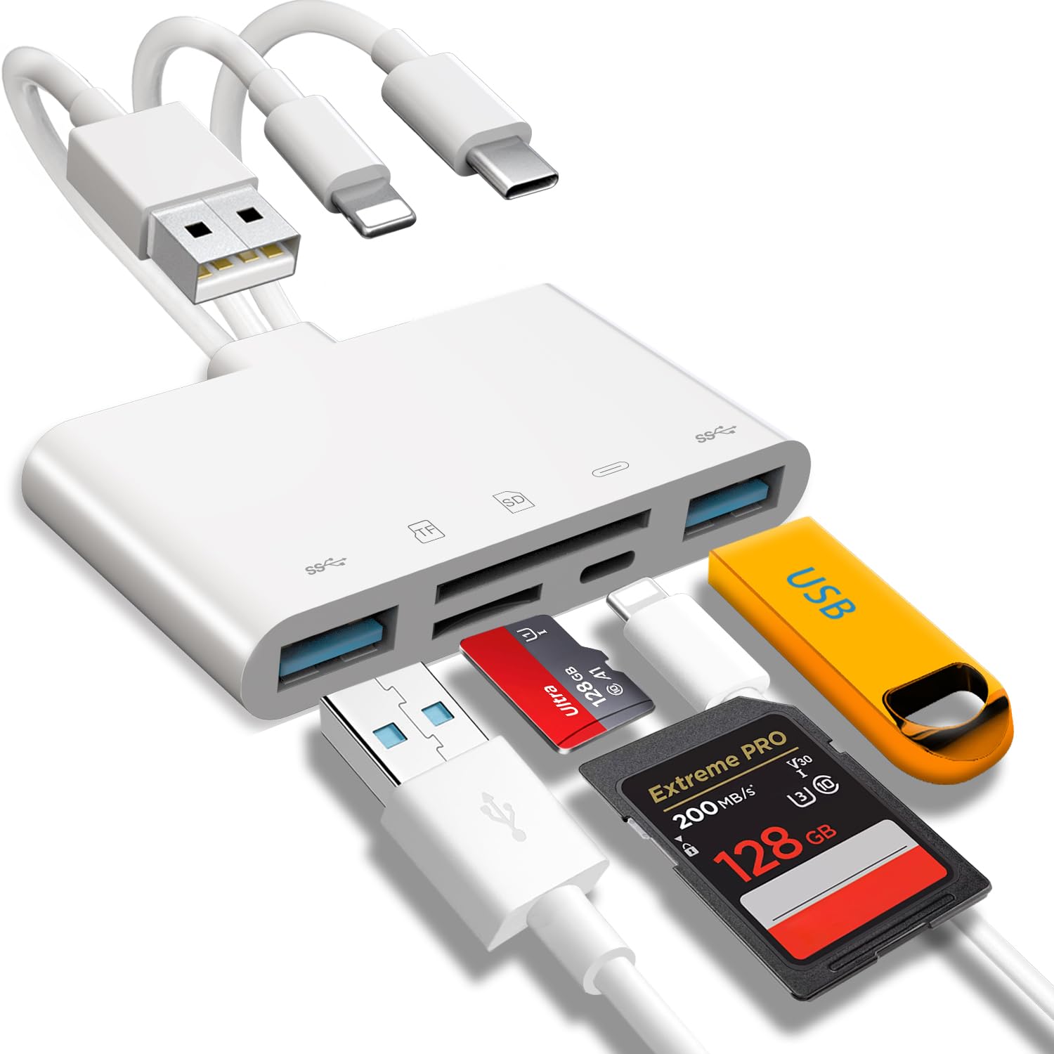 Photo 1 of 5-in-1 Memory Card Reader, USB OTG Adapter & SD Card Reader for i-Phone/i-Pad, USB C and USB A Devices with Micro SD & SD Card Slots, Supports SD/Micro SD/SDHC/SDXC/MMC