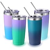 Volhoply 20oz Stainless Steel Tumbler with Lid and Straw Bulk 4 Pack,Double Wall Insulated Travel Iced Coffee Mug Fits Cup holder,Powder Coated Cups for Hot/Cold Drinks,Gifts for Women(Assorted,4 Set)