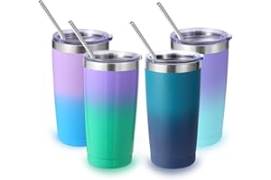 Volhoply 20oz Stainless Steel Tumbler with Lid and Straw Bulk 4 Pack,Double Wall Insulated Travel Iced Coffee Mug Fits Cup Ho
