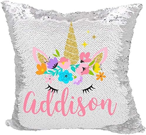 QIANFU Personalized Mermaid Reversible Sequin Pillow, Custom Unicorn Sequin Pillow Girls (White/Silver)