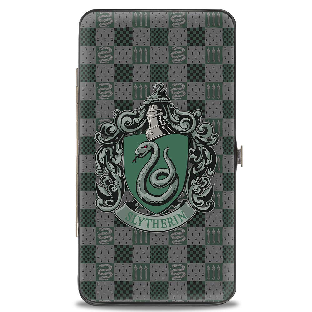 Buckle-Down Women's Hinge-Slytherin Crest Stripes/Diamonds Greens/Black Wallet, multicolor 1, 7" x 4"