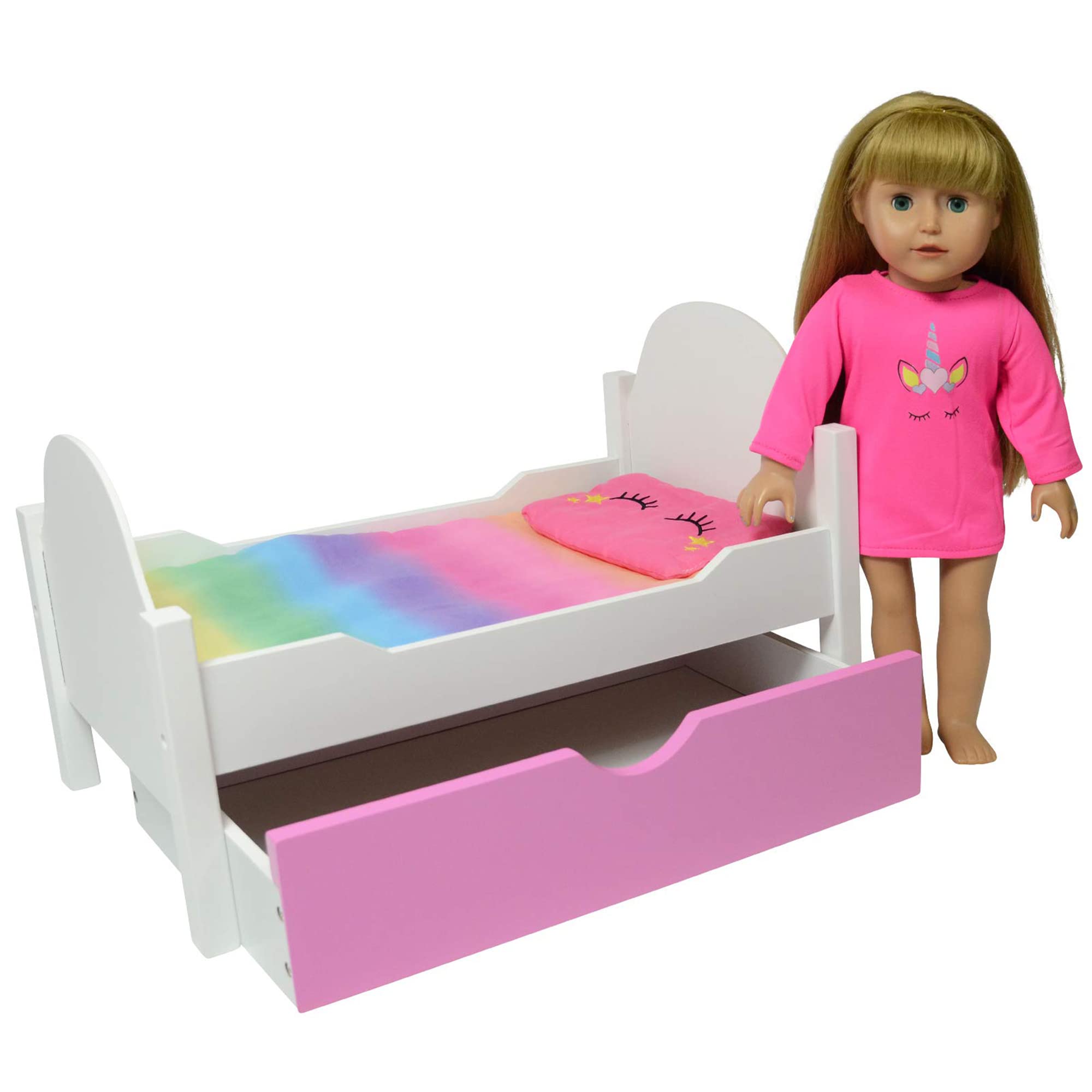 The New York Doll Collection Unicorn Wooden Doll Bed Fits 18 Inch / 46cm Dolls (Trundle Bed) Doll Furniture Fits, (C105)