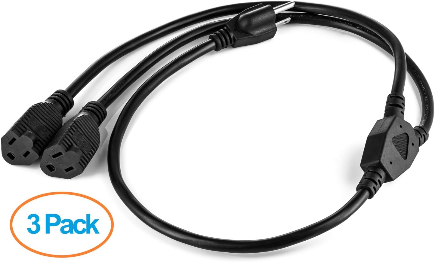 Aurum Cables 3 Prong 1-to-2 Power Cord Splitter Cable - Power Extension Cord - Cable Strip Outlet Saver - Outlet Splitter Electrical Cord - 3 Ft - 16AWG - UL approved - Black - 3 Pack