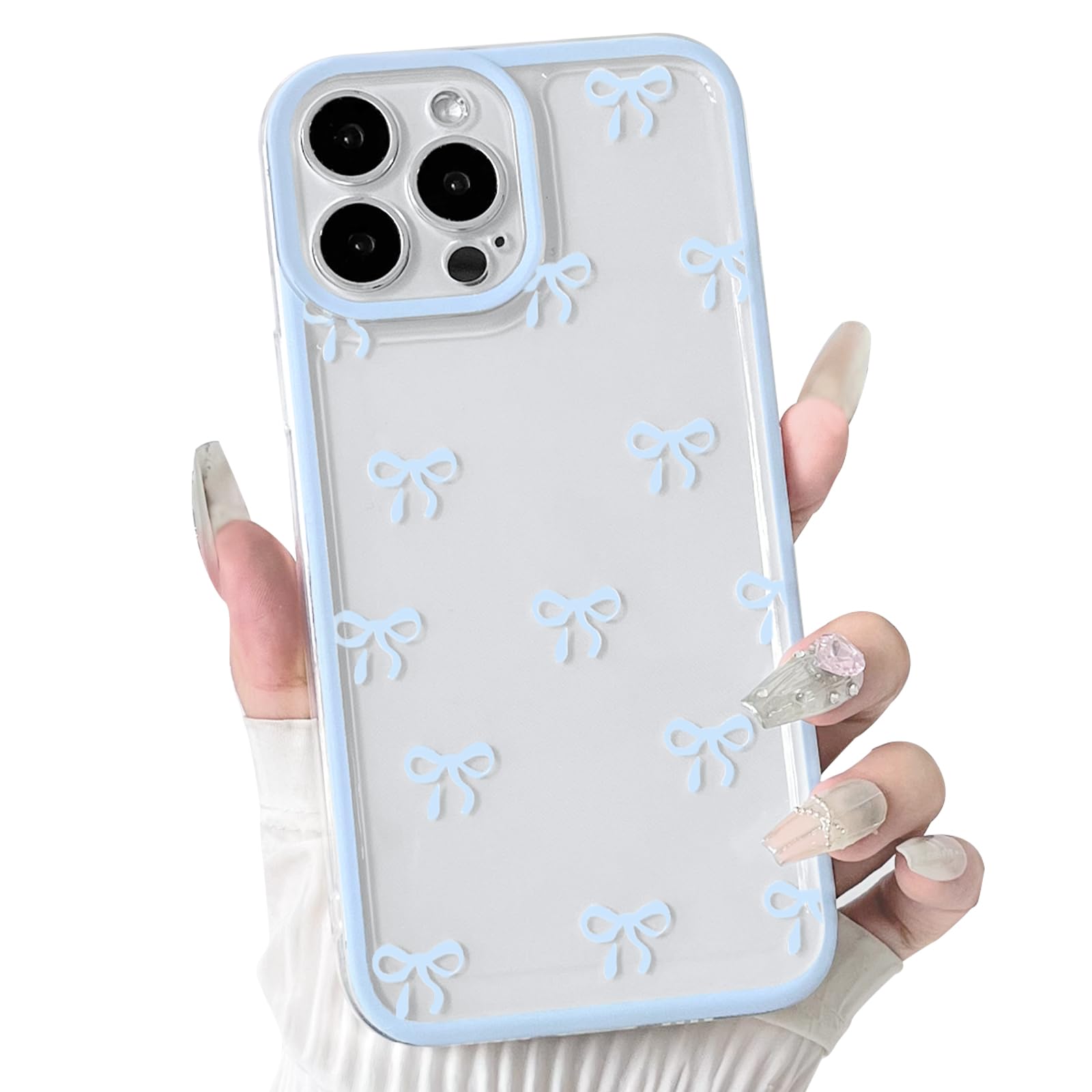Photo 1 of **USED** NITITOP Compatible with iPhone 15 Pro Case Cute Clear Durable Ribbon Bowknot Pattern for Girls Women Soft TPU Transparent Full Camera Lens Shockproof Protective Phone Cover - Blue
