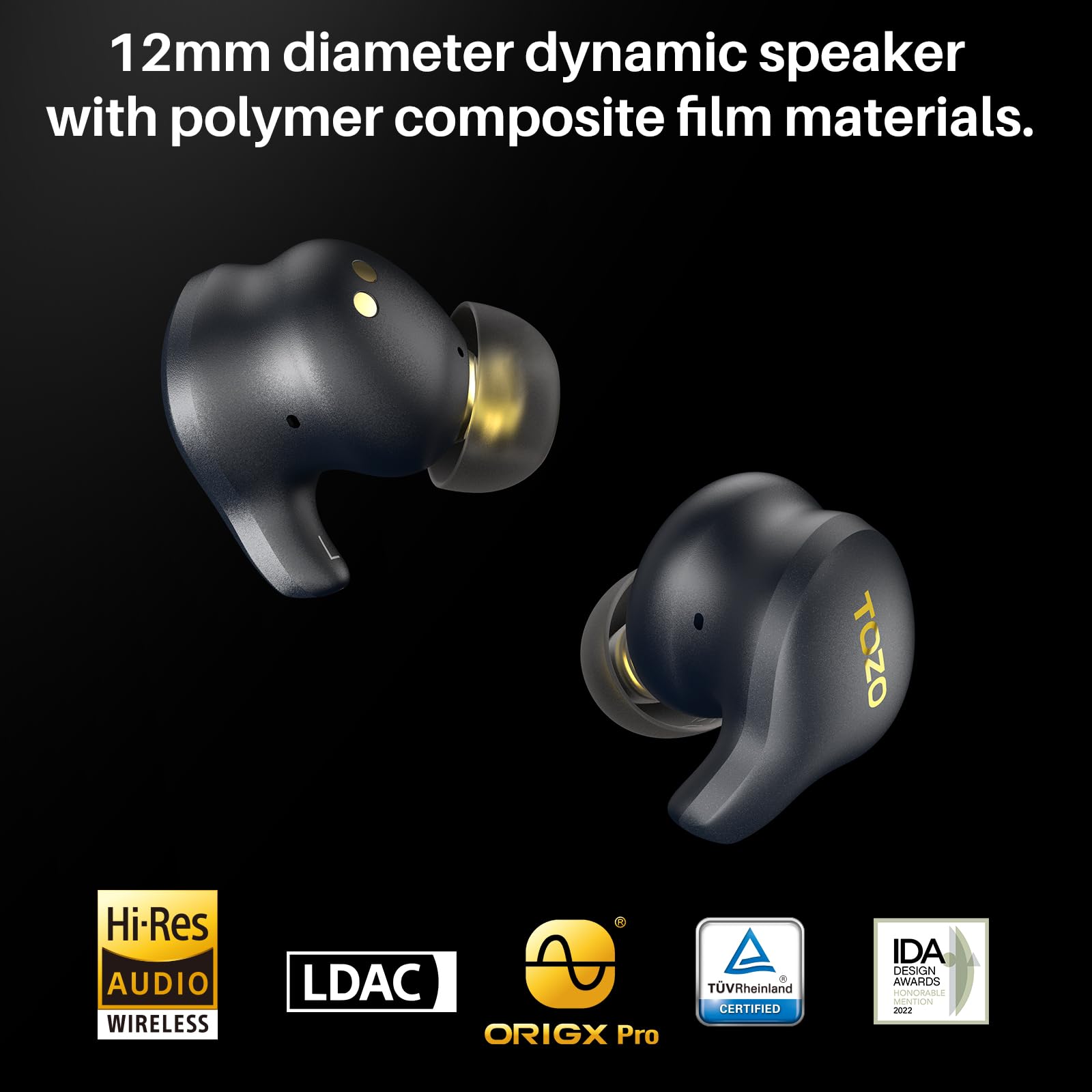 TOZO Golden X1 Wireless Earbuds Balanced Armature Driver and Hybrid Dynamic Driver, Bluetooth Headphones OrigX Pro, LDAC & Hi-Res Audio Wireless, Environment & Active Noise Cancellation Headset