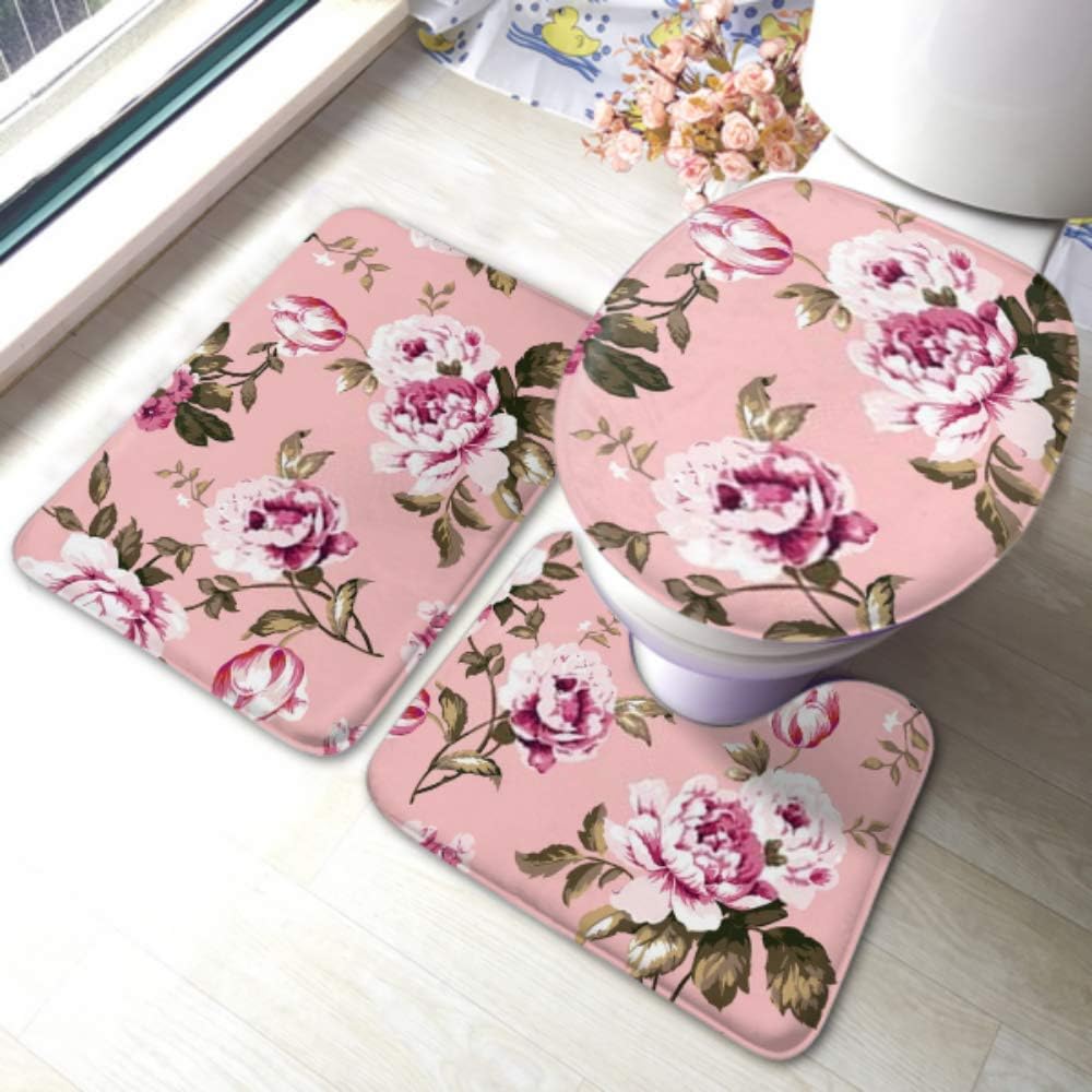3 Piece Bathroom Rug Set Shabby Chic Vintage Roses Tulips