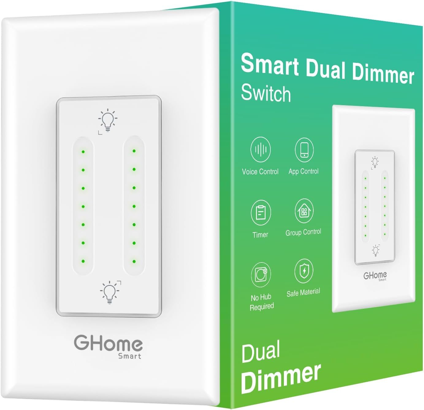 Photo 1 of GHome Smart Dual Dimmer Switch, 2 in 1 Control, 2.4Ghz WiFi Smart Light Switch Compatible with Alexa and Google Home, Single-Pole, Neutral Wire Required, Voice Control, FCC Certified