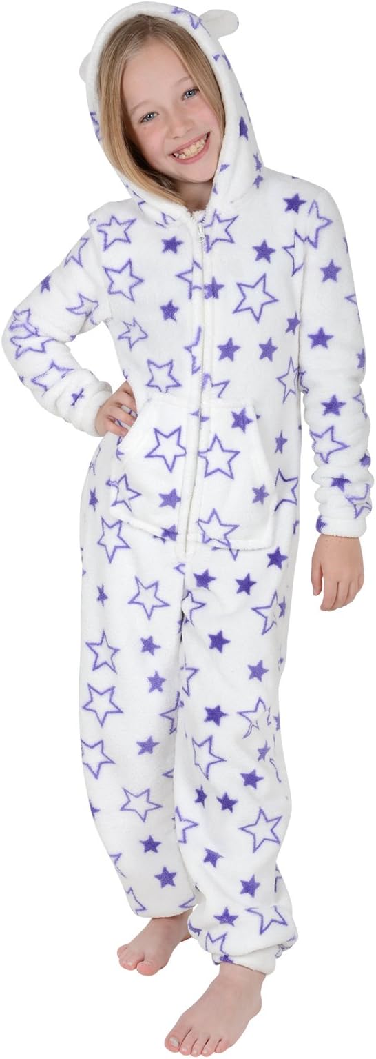 Roaster Toaster Girls White/Purple Stars Hooded Fleece All in One Pyjamas PJ Onesie 6-7 Years