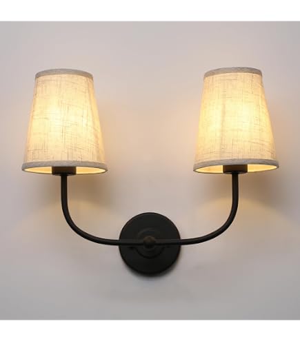 Yosoan 2-Light Boho Fabric Wall Sconce – Beige Linen Shade, E26 Base, Black Finish, Hardwired For Bedroom/Hallway