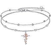 LUHE Cross Ankle Bracelets Sterling Silver Religius Double Chain Anklets Christian Baptism Layered Anklet Jewelry Gifts for Women