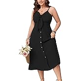 SCOMCHIC Plus Size Summer Dresses Tie Front V-Neck Spaghetti Strap Button Down A-Line Midi Dress