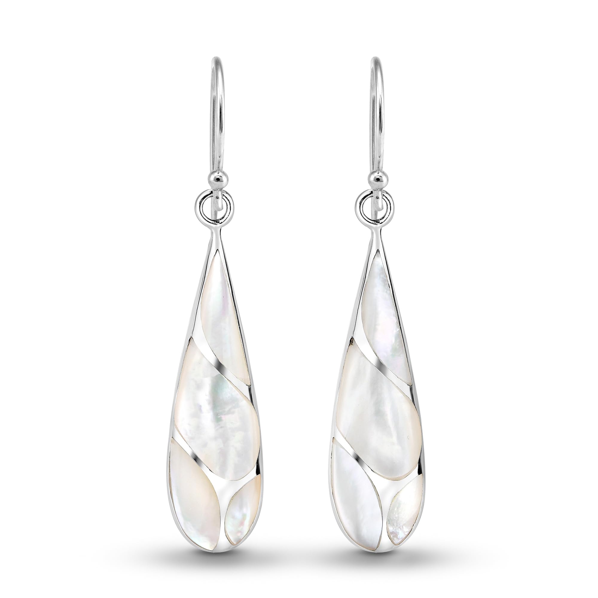 Vintage White Mother of Pearl Streak Teardrop .925 Sterling Silver Dangle Earrings