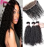 Beauty Forever Brazilian Virgin Curly Human Hair 13x4 ear to ear Full Lace Frontal Closure with 3 Bundles Curly Hair Weave Natural Color (16 18 20inch+14, free part frontal)