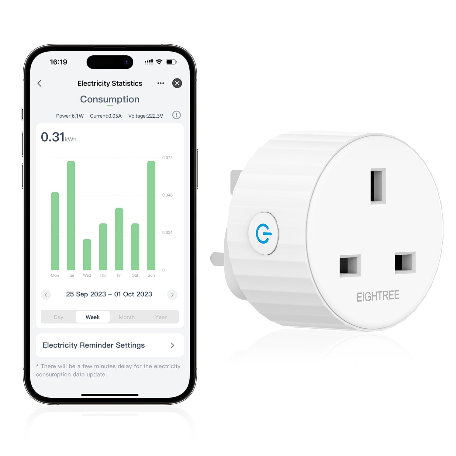 EIGHTREE Smart Plug with Energy Monitoring and Cost Estimation, Alexa Smart WiFi Plugs that Work with Alexa, Google Home and SmartThings, Smart Home Timer Plug Socket UK, 2.4GHz Wi-Fi Only, 13A, 1Pack