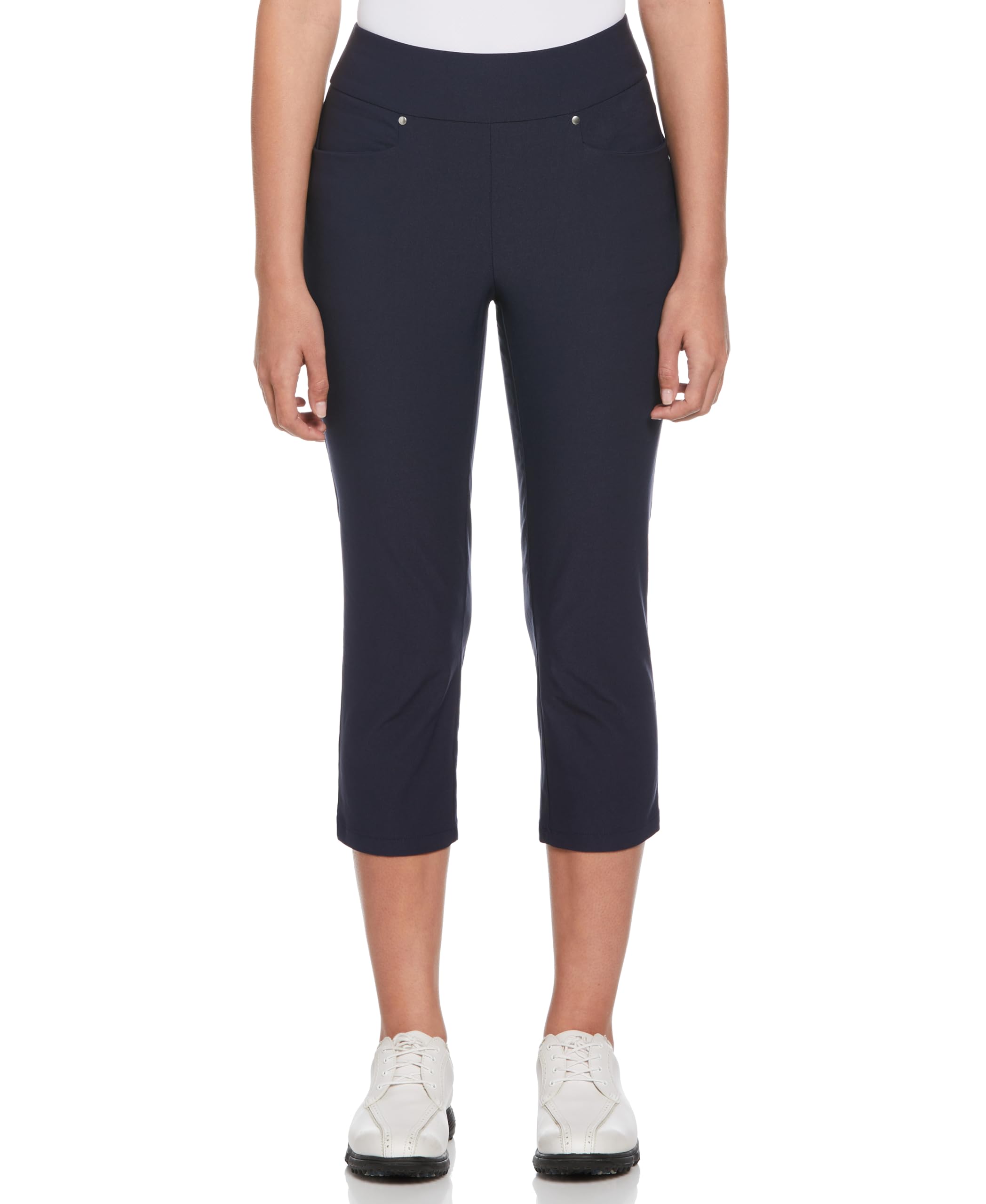 PGA TOUR Women’s 22” Pull-On Golf Capri Pants with Tummy Control, Performance Stretch, Moisture-Wicking, Sun Protection, Black Iris