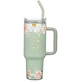 Christian Art Gifts Inspirational Stainless Steel Double-Wall Insulated XL Travel Mug Tumbler Thermos for Women: He Restores My Soul Scripture, Reusable Straw, Twist Lid, Light Green Floral, 40 oz.