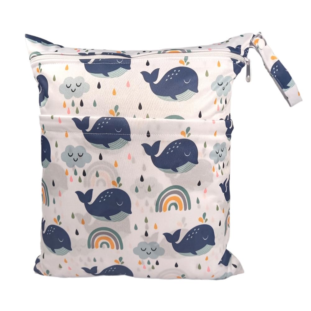 Hrlace Wetbag Nursery Nappy Bag Waterproof Cartoon Animal Print Nappies Bag Cloth Nappies Wet Bags with Zip Reusable Wet Dry Bag for On the Go Travel Whale Fish
