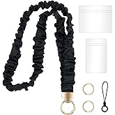 Longbitzen Stretchy Scrunchie Lanyard with 2 ID Holder for ID Badges and Keys, Cute Stretchy Teacher Lanyard, Black Retractable Scrunchie Neck Strap Keychain for Teacher, Nurse, Cruise Ship