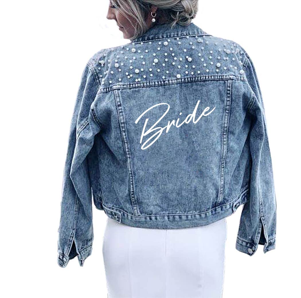 Photo 1 of Pearl Bride Denim Jacket Custom Mrs Bride Bachelorette jacket Hen party gift (S-US2/4, Blue)