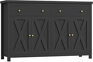 FOTOSOK Sideboard Buffet Cabinet with Storage, 55" Large Kitchen Storage Cabinet with 2 Drawers and 4 Doors, Wood Coffee Bar Buffet Table for Kitchen Dining Room, Black