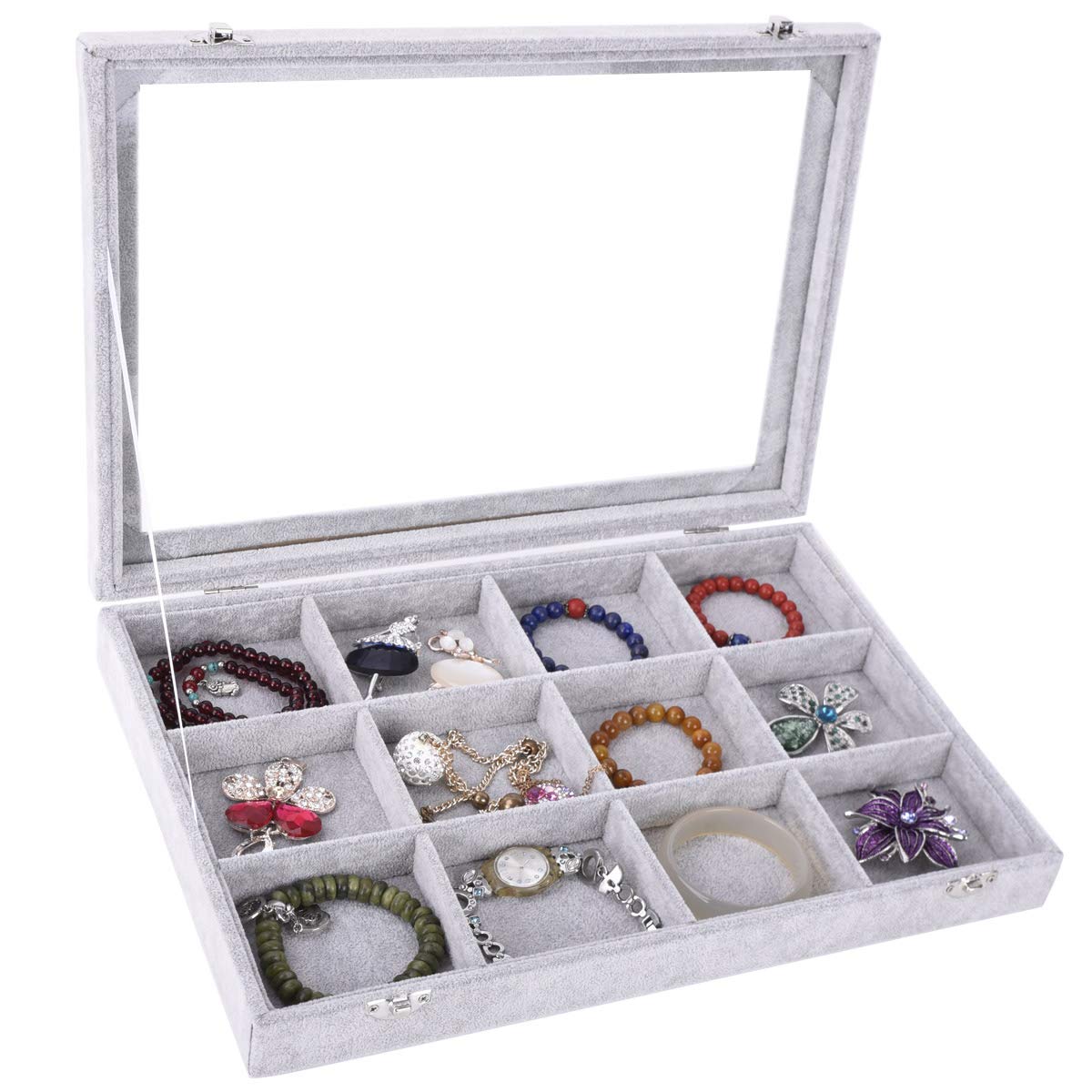 Autoark Ice Velvet Clear Lid 12 Grid Jewelry Tray Showcase Display Organizer,AJ-021