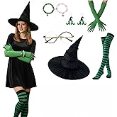 YLYGJGL 6-PCS Witchs Hat, Glasses Green Gloves Striped Stockings Friendship Matching Bracelets Earrings, Gothic Witchs Accessories Green Witch Costume Accessory Set for Adult Halloween Cosplay