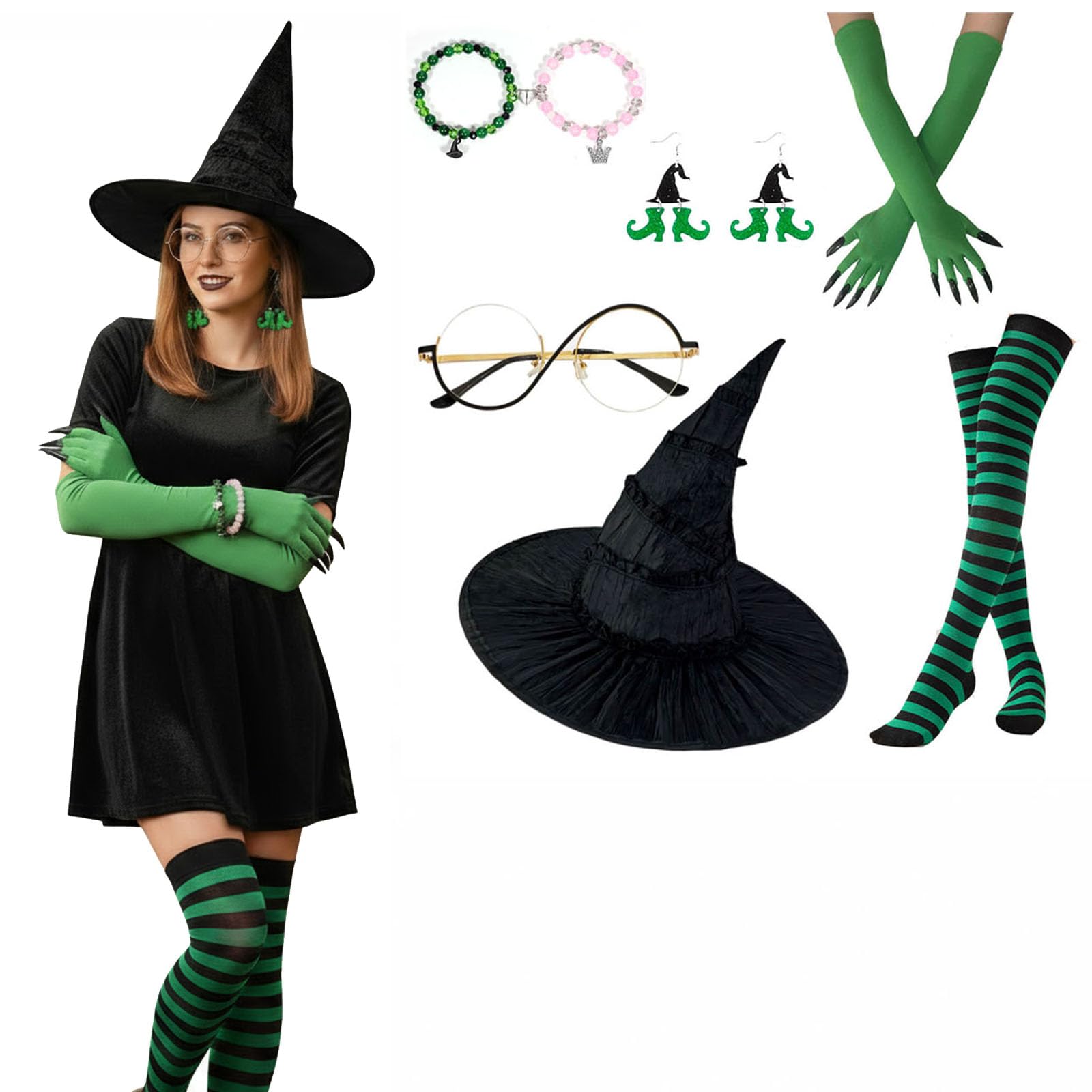 Photo 1 of 6-PCS Witchs Hat, Glasses Green Gloves Striped Stockings Friendship Matching Bracelets Earrings, Gothic Witchs Accessories Green Witch Elphaba Costume Accessory Set for Adult Halloween Cosplay