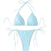 SEGT Women's 2 Piece Floral Print Halter Neck Tie Bikini Set Triangle String Thong Swimsuit Summer Bathing Suits for Women