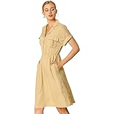 Allegra K Women's Notched Lapel Elastic Waist Pocket A-Line Safari Shirt Dress
