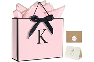 QLSKO Personalized Initial Paper Bag for Women Grils,Monogrammed Gift Bag with Bow Ribbon,Wrapping Tissue and Card Matching Envelope Sticker (Pink, K-Medium)