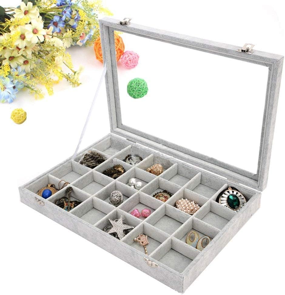 Sonnis 24 Grids Velvet Glass Jewellery Ring Bracelet Display Organiser Case Holder Earrings Storage Box
