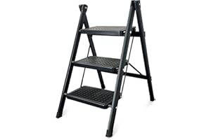 Krightlink 3 Step Ladder Folding Step Stool with Wide Anti-Slip Pedal, Portable Sturdy Steel Step Ladders 300lbs Capacity Lightweight for Kitchen Household and Office